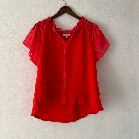 Umgee New Large Red Animal Print Ruffle Sleeve Blouse Breezy - Picture 11 of 11